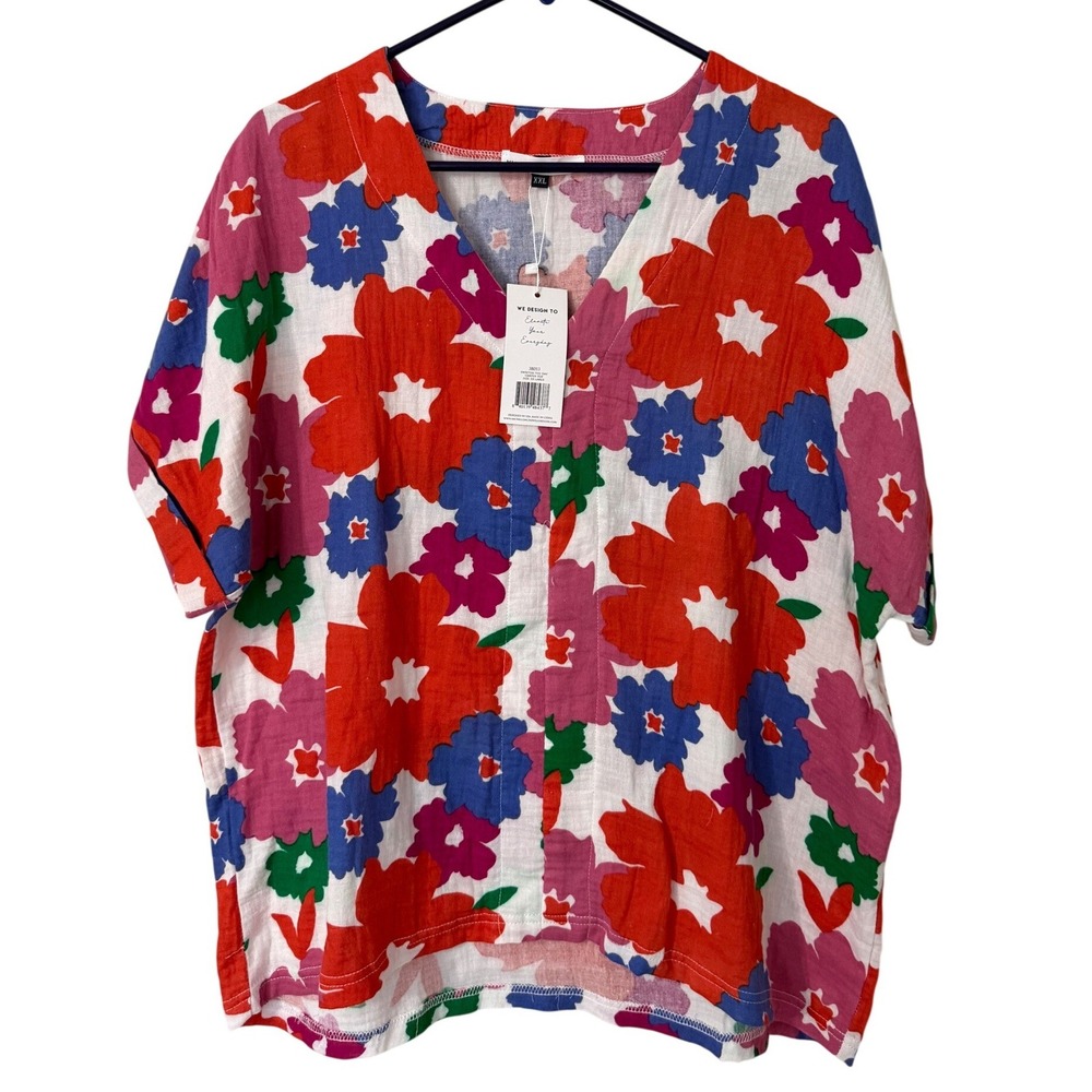Michelle McDowell XXL Women Floral Cotton Gauze V-Neck Short Sleeve Top NWT